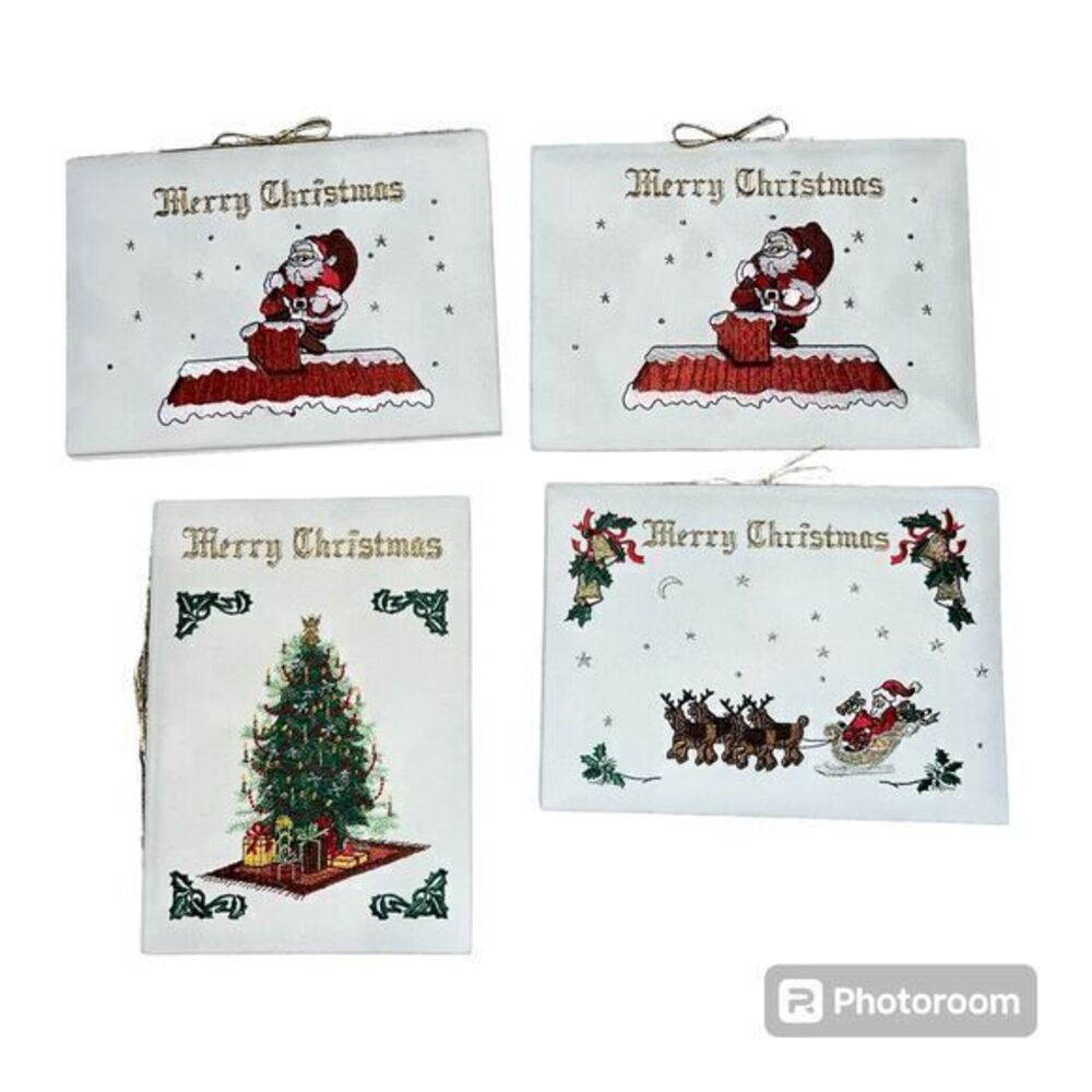Vintage Fraje Set of 4 Large Embroidered Christmas Cards Santa Reindeer Tree